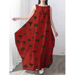 O-neck Sleeveless Printed Women Baggy Maxi Dress