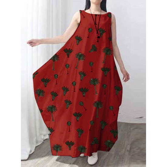 O-neck Sleeveless Printed Women Baggy Maxi Dress