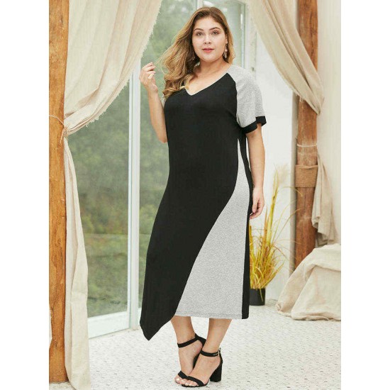 Patchwork V-neck Short Sleeve Plus Size Dress