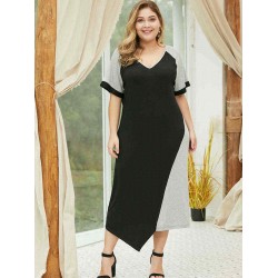 Patchwork V-neck Short Sleeve Plus Size Dress