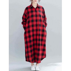 Plaid Turn-down Collar Long Sleeve Women Maxi Shirt Dress