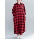 Plaid Turn-down Collar Long Sleeve Women Maxi Shirt Dress