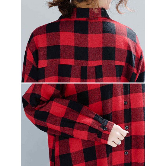 Plaid Turn-down Collar Long Sleeve Women Maxi Shirt Dress