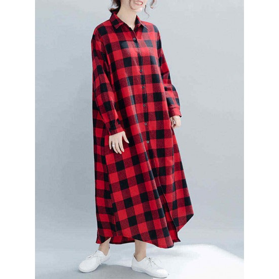 Plaid Turn-down Collar Long Sleeve Women Maxi Shirt Dress