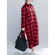 Plaid Turn-down Collar Long Sleeve Women Maxi Shirt Dress