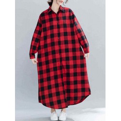 Plaid Turn-down Collar Long Sleeve Women Maxi Shirt Dress