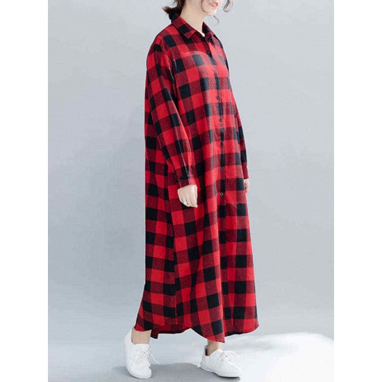 Plaid Turn-down Collar Long Sleeve Women Maxi Shirt Dress