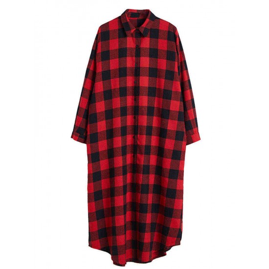 Plaid Turn-down Collar Long Sleeve Women Maxi Shirt Dress