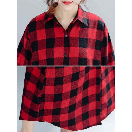 Plaid Turn-down Collar Long Sleeve Women Maxi Shirt Dress