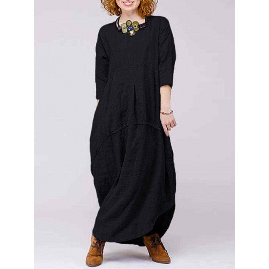 Plus Size Baggy Crew Neck Long Sleeve Patchwork Maxi Dress