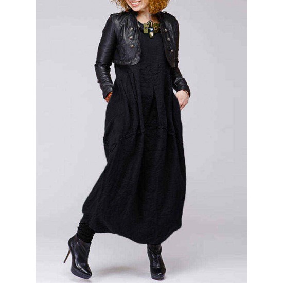 Plus Size Baggy Crew Neck Long Sleeve Patchwork Maxi Dress