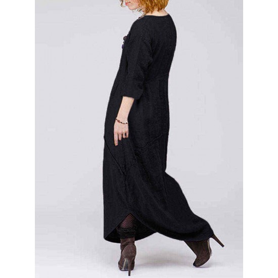 Plus Size Baggy Crew Neck Long Sleeve Patchwork Maxi Dress