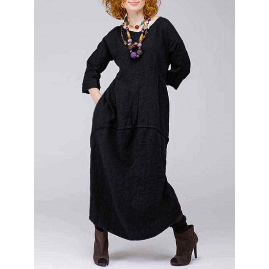 Plus Size Baggy Crew Neck Long Sleeve Patchwork Maxi Dress