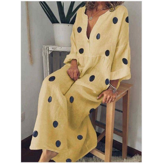 Plus Size Bohemian V-neck Polka Dots Women Maxi Dress