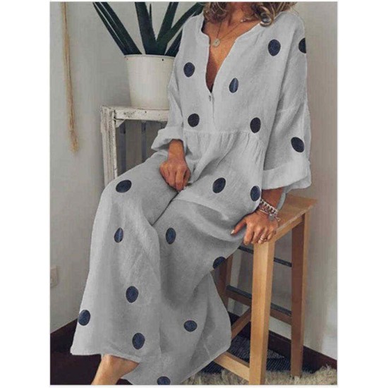 Plus Size Bohemian V-neck Polka Dots Women Maxi Dress