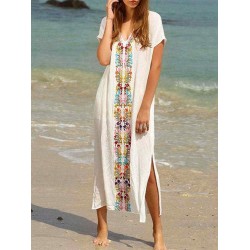 Plus Size Bohemian V-neck Short Sleeve Side Split Floral Dress