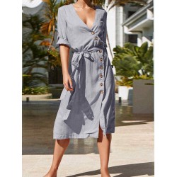 Plus Size Boho Cross V-neck Front Button Women Dress