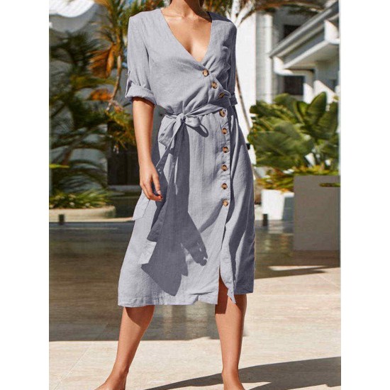 Plus Size Boho Cross V-neck Front Button Women Dress