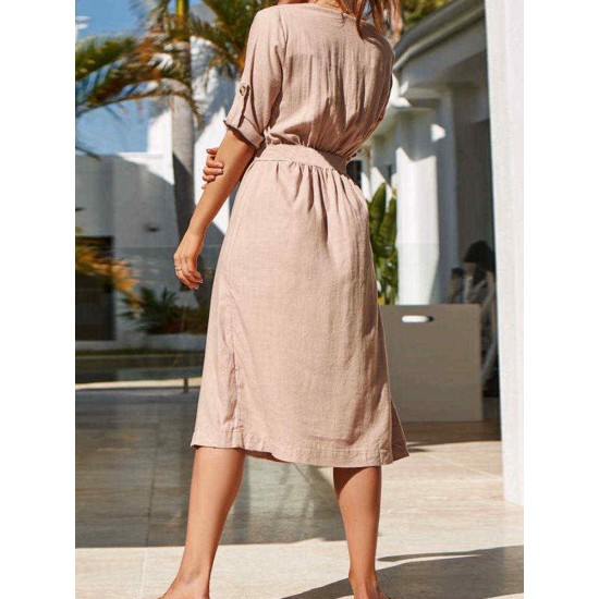 Plus Size Boho Cross V-neck Front Button Women Dress