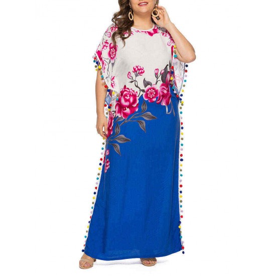 Plus Size Boho Floral Two-tone Batwing Sleeve Maxi Dress