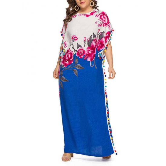 Plus Size Boho Floral Two-tone Batwing Sleeve Maxi Dress