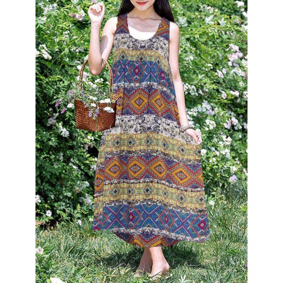 Plus Size Boho Printed Sleeveless Women Long Dress