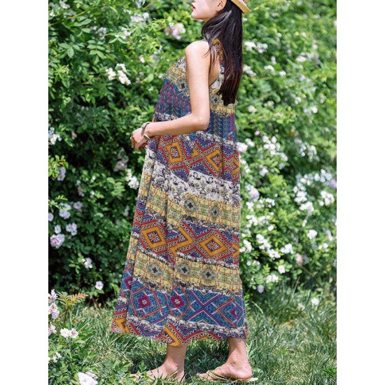 Plus Size Boho Printed Sleeveless Women Long Dress