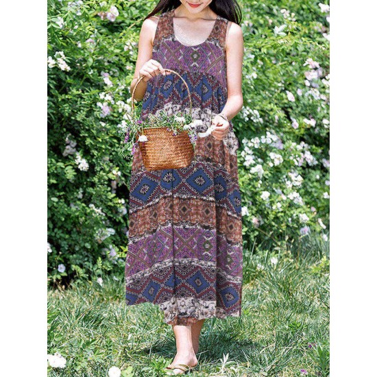 Plus Size Boho Printed Sleeveless Women Long Dress