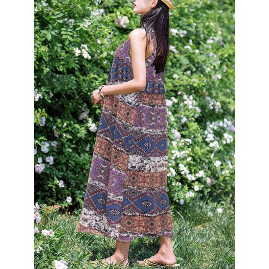 Plus Size Boho Printed Sleeveless Women Long Dress