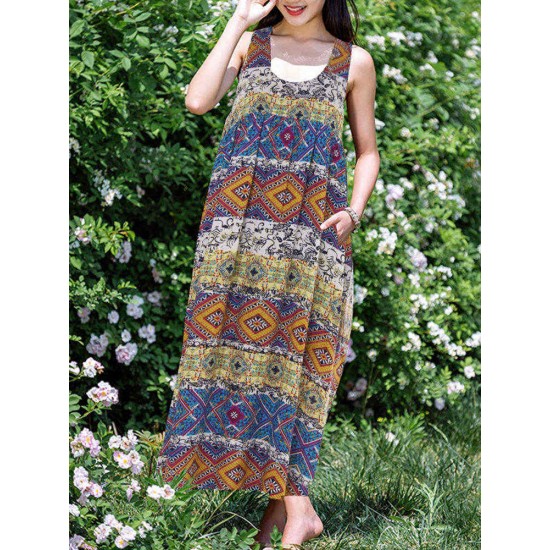 Plus Size Boho Printed Sleeveless Women Long Dress