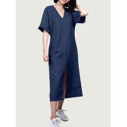 Plus Size Brief V-neck Short Sleeve Split Hem Dress