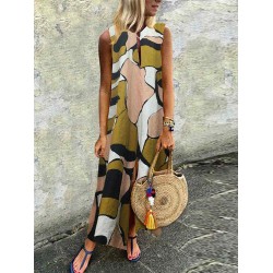 Plus Size Casual Art Print V-neck Sleeveless Holiday Maxi Dress