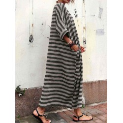 Plus Size Casual Crew Neck Batwing Sleeve Stripe Loose Dress