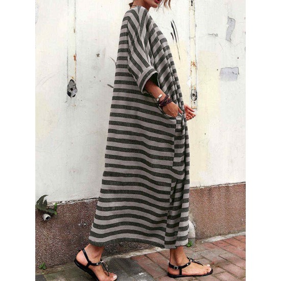 Plus Size Casual Crew Neck Batwing Sleeve Stripe Loose Dress