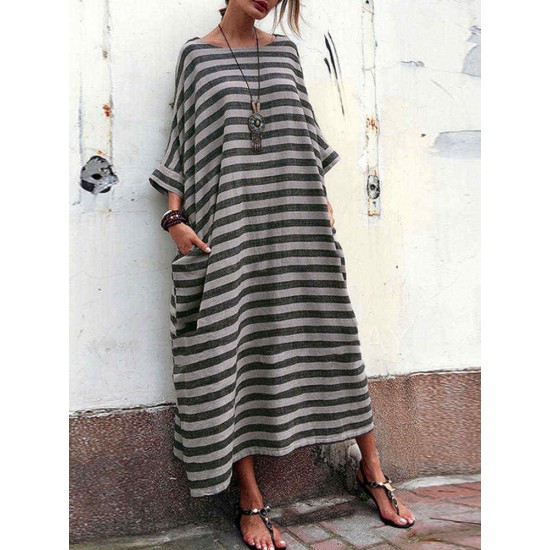 Plus Size Casual Crew Neck Batwing Sleeve Stripe Loose Dress