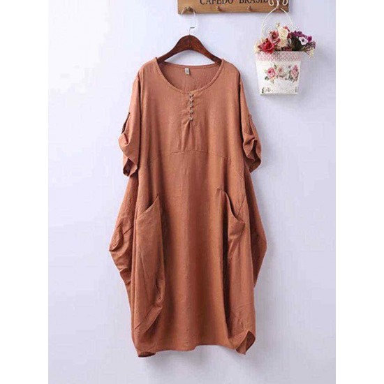 Plus Size Casual Crew Neck Short Sleeve Pockets Baggy Dress