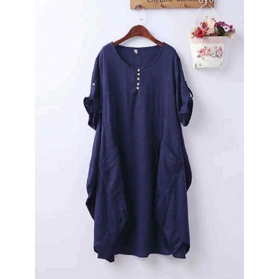 Plus Size Casual Crew Neck Short Sleeve Pockets Baggy Dress