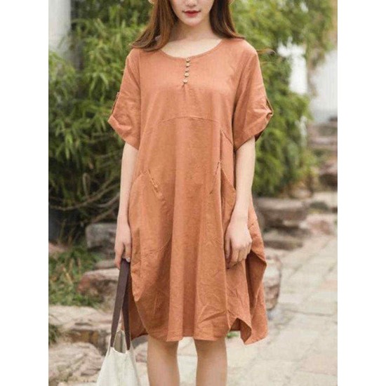 Plus Size Casual Crew Neck Short Sleeve Pockets Baggy Dress