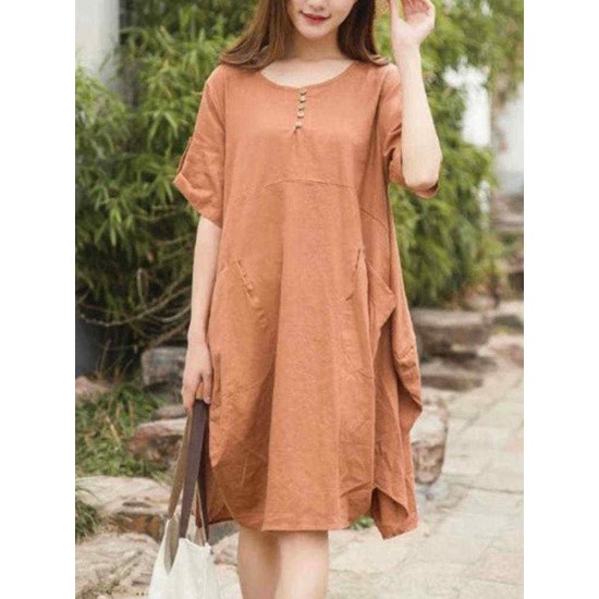 Plus Size Casual Crew Neck Short Sleeve Pockets Baggy Dress