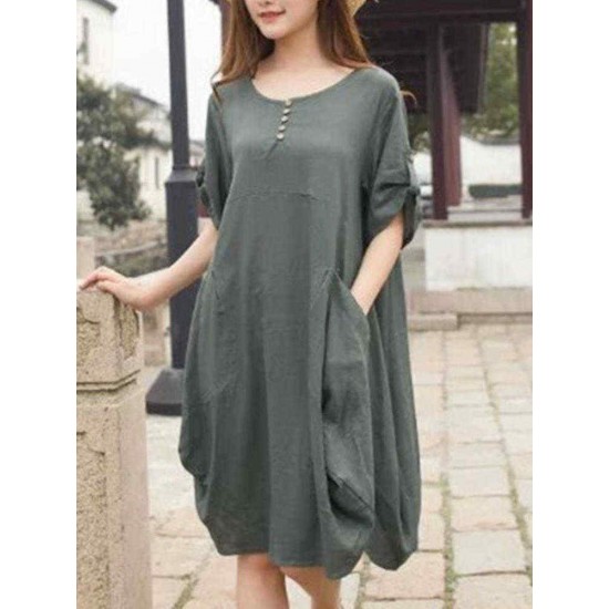 Plus Size Casual Crew Neck Short Sleeve Pockets Baggy Dress