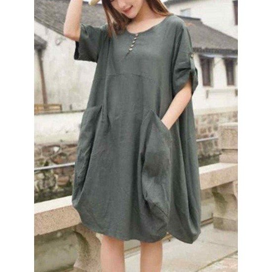 Plus Size Casual Crew Neck Short Sleeve Pockets Baggy Dress