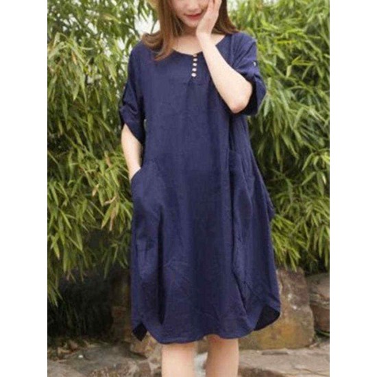 Plus Size Casual Crew Neck Short Sleeve Pockets Baggy Dress