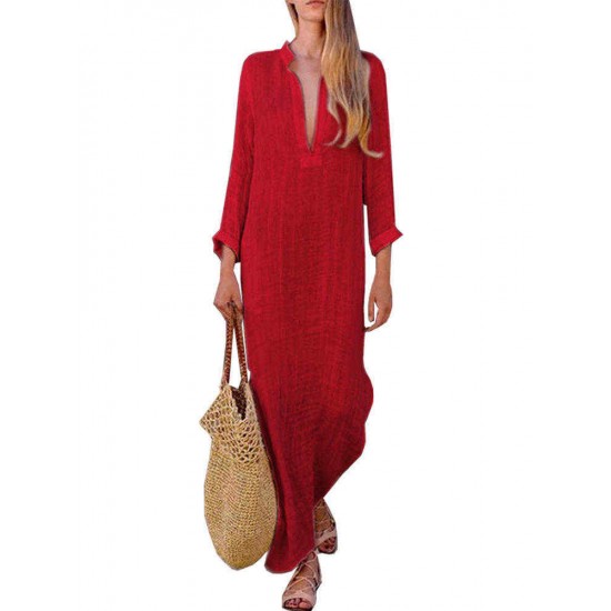 Plus Size Casual Deep V-neck Long Sleeve Pockets Maxi Dress For Women