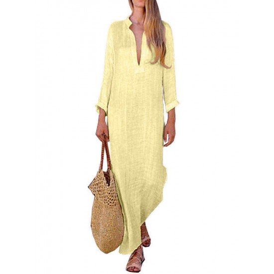 Plus Size Casual Deep V-neck Long Sleeve Pockets Maxi Dress For Women