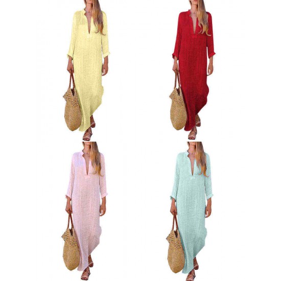 Plus Size Casual Deep V-neck Long Sleeve Pockets Maxi Dress For Women