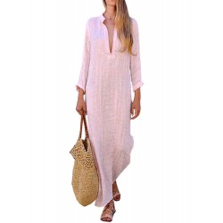 Plus Size Casual Deep V-neck Long Sleeve Pockets Maxi Dress For Women