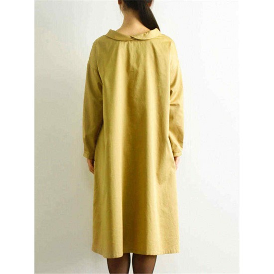 Plus Size Casual Long Sleeve Solid Color Cotton Dress