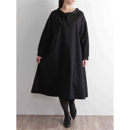 Plus Size Casual Long Sleeve Solid Color Cotton Dress