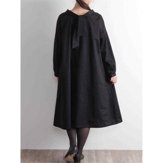 Plus Size Casual Long Sleeve Solid Color Cotton Dress