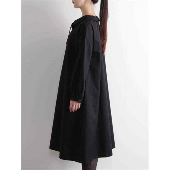 Plus Size Casual Long Sleeve Solid Color Cotton Dress